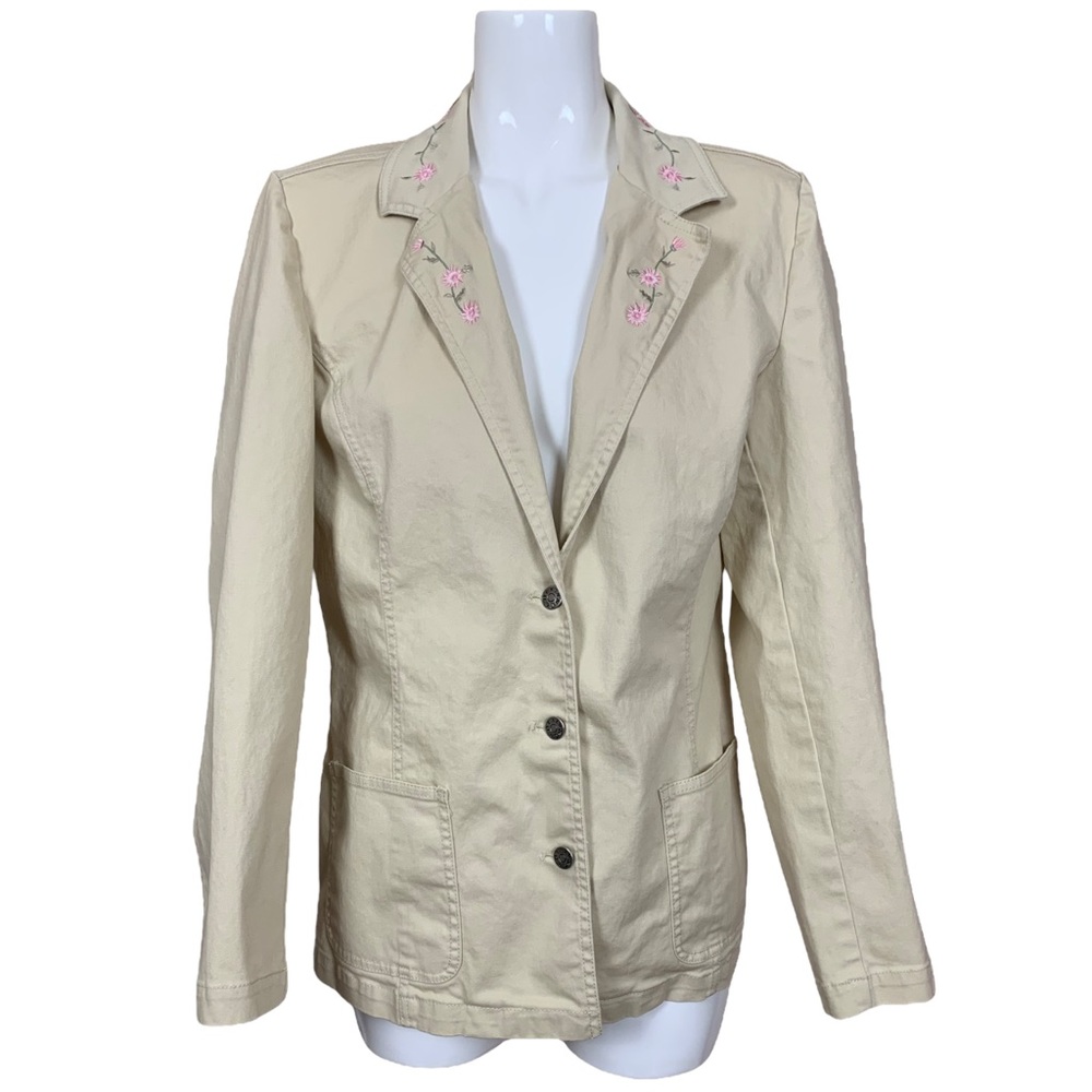 Denim & Co Khaki Stretch Denim Jacket Floral Embroidered Notch Collar Large